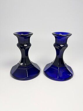 Set of vintage colbalt blue glass tapered candlestick holders